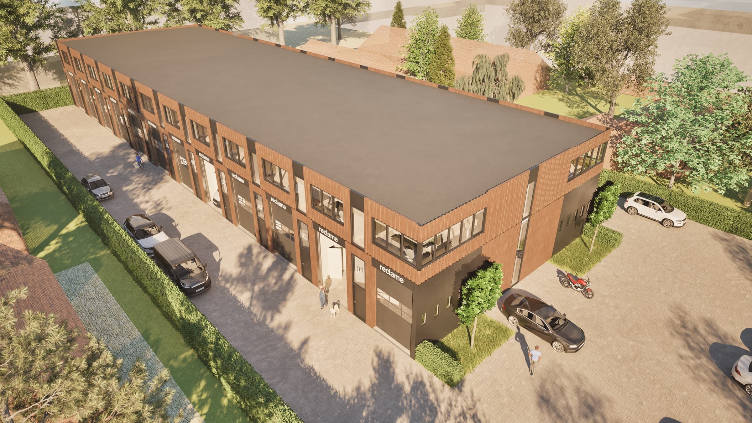 Vogelvlucht over beide rijen units en het parkeerterrein